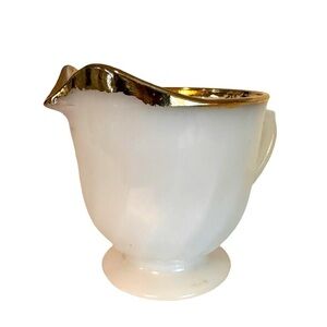 Vintage Swirl Fire King Creamer White Glass Gold rim milk glass